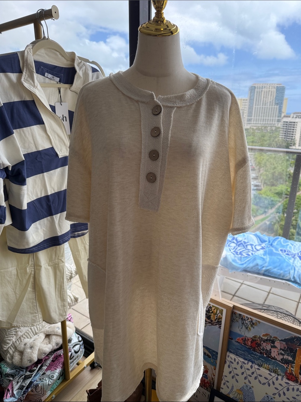 Three Bird Nest Cream Short-Sleeve Henley Tunic
